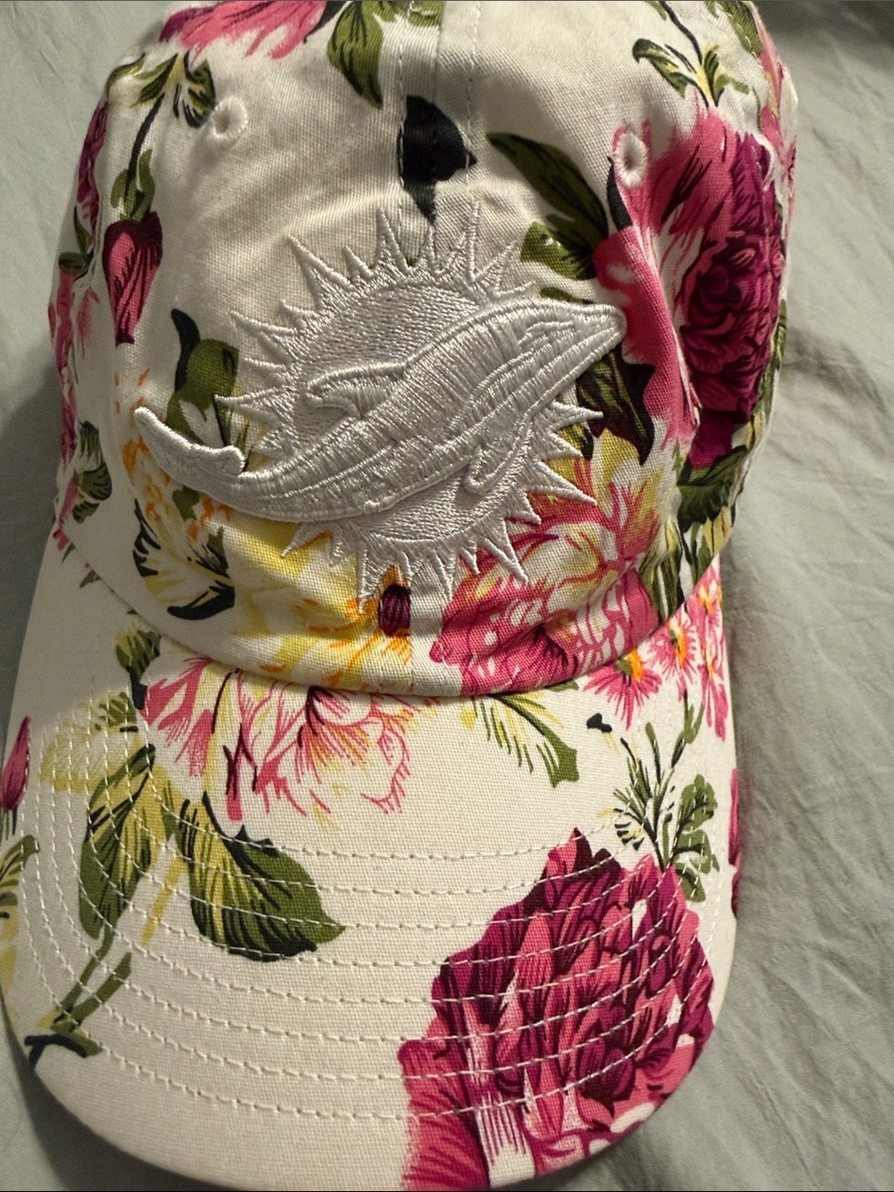 47 Floral White Baseball Cap with Pink and Green Blooms and White Logo